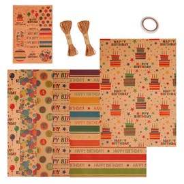 BigKego 6 Blatt Geschenkpapier Geburtstag Set Geschenkverpackung Papier Birthday Gift Wrapping Paper Kraft Geschenkpapier mit Etiketten Klebeband Seil für Alle Geburtstagsanlässe 70x50cm