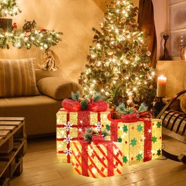 TWINGLEHOME [Extra Large 15"+13"+10.5" 91 LED Christmas Set of 3 Lighted Gift Boxes Decorations Gift Boxes