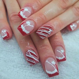 24Pcs Christmas French Tips Press On Nails Short Square Fake Nails Christmas Hat Design Christmas Candy Acrylic Nails Glossy Full Cover Glitter Stripe Candy Stick on Nails for Women and Girls Manicure