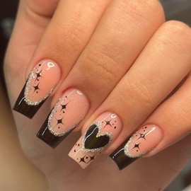 ANDGING French Tip Press on Nails Black Coffin Short Medium Fake Nails with Heart Star Design Acrylic Gel Glue on Nails for Wedding Manicure False Nails for Women Stick on Nails with Glue DK637K8
