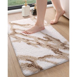 DEXI Soft Plush Bathroom Mat, Non Slip Washable Bath Rug, Absorbent Bathmat for Shower Tub Sink Toilet, 17x30, White and Beige