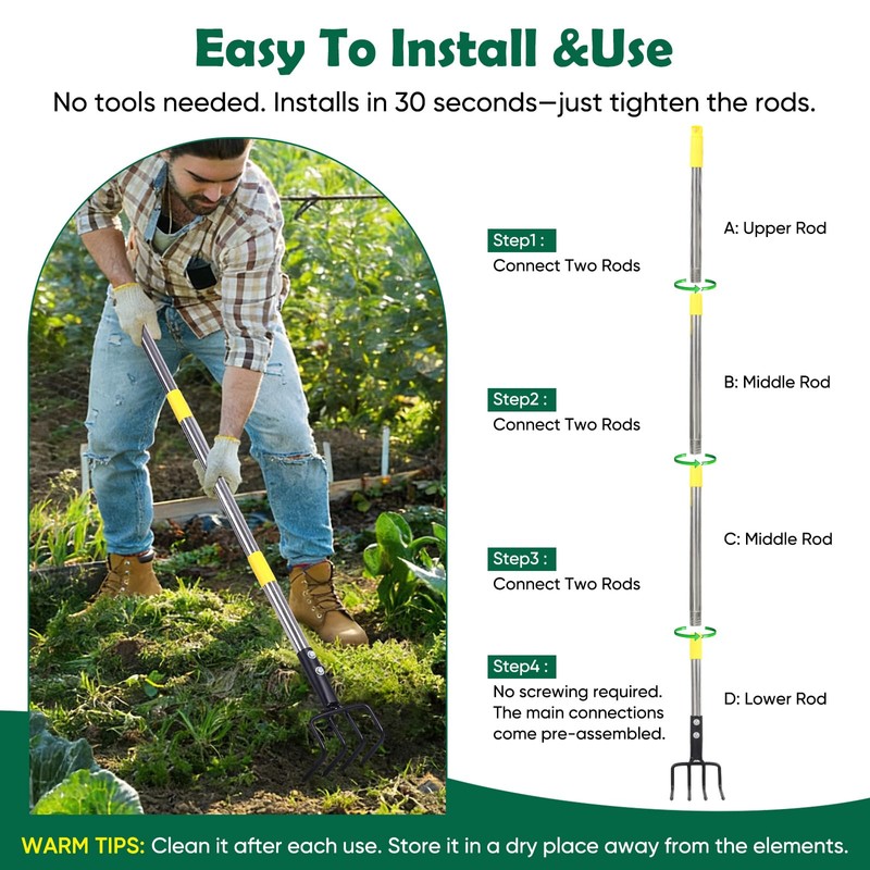 Garden Hand Tiller Cultivator, 4-Tine Adjustable Long Handle, Heavy Duty
