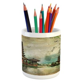 Ambesonne Gouache Pencil Pen Holder, Balinese Architecture Far Eastern History Nature Painting, Ceramic Pencil Holder for Desk Office Accessory, 3.6" X 3.2", Dusk Pale Khaki