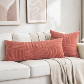 Fancy Homi Set of 1 Coral Boho Long Lumbar Body Decorative Throw Pillow Cover 21x54 Inch for Bed Couch Bedroom Bench, Soft Patchwork Corduroy Textured Pillow Case, Rustic Farmhouse Room Decor