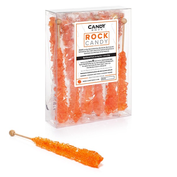 Orange Rock Candy Crystal Sticks - Orange Flavored - 12 Indiv. Wrapped