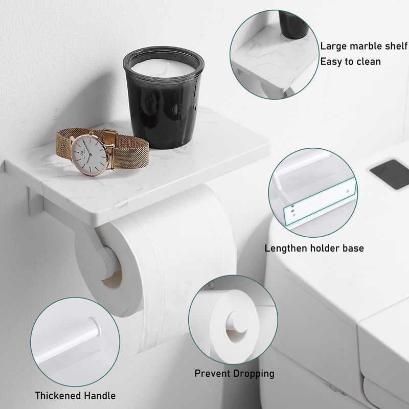 Hoimpro White Aluminum Toilet Paper Holder with White Natural Marble