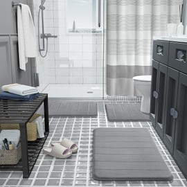 Yimobra Memory Foam Bath Mat, Soft and Comfortable, Super Water Absorption, Non-Slip, Thick, Machine Wash, Easier to Dry for Bathroom Floor Rug, 43 x 61 cm, Gray