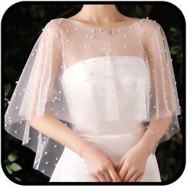 Urieo Women's Capelet Pearl Shawls Wraps for Evening Dresses Tulle Soft White Shawl Wrap Bridal Wedding Party Chiffon Cape Flapper Cover Up