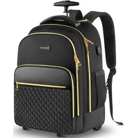 Arcoyard Rolling Backpack Carry On Luggage For Adults With Wheels, 40L Wheeled Backpack For Women, Travel Roller Bag, Black Gold