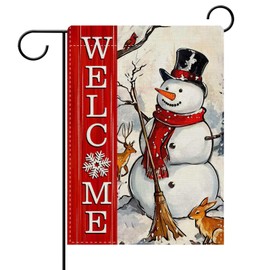 Dyrenson Welcome Christmas Snowman Decorative Garden Flag, Xmas Snowflake Rabbit Reindeer Yard Outside Home Decoration, Winter Holiday Farmhouse Burlap Outdoor Small Decor Double Sided 12 x 18