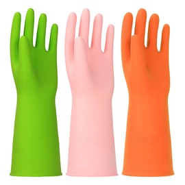 HINSOCHA 3 Pairs Rubber Cleaning Gloves Latex Free Dishwashing Gloves - 13" Reusable Nitrile Gloves Medium, Green+Pink+Orange