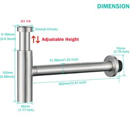 SEABEFORE Bottle P Trap Classical Round Sink Bathroom Waste Pipe 1 1/4 inch Slip Inlet Drain Tube Kit Adjustable Height Bathroom Basin Sink Waste Drain Kit,Brushed Nickel