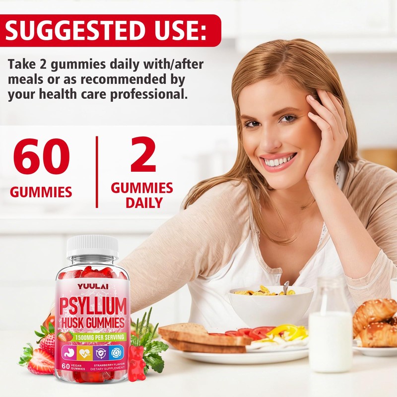 Pack of 2 Psyllium Husk Gummies, Psyllium Husk Fiber Supplement,