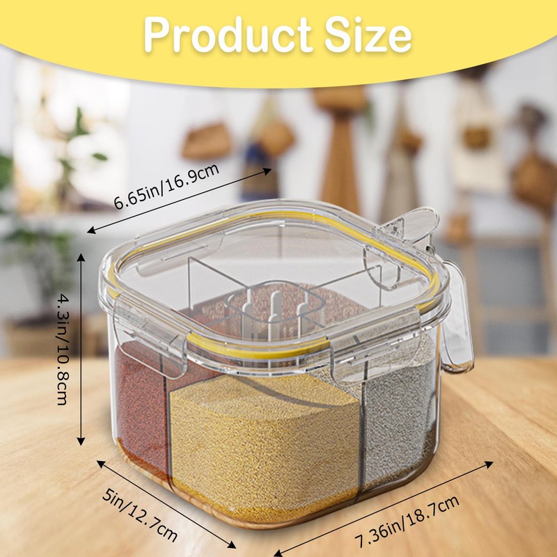 REIKOMO 4-Compartment Clear Seasoning Box with Lids and Spoons, Airtight