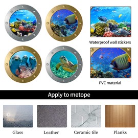 AIBAOBAO Pack of 4 3D Wall Stickers, Underwater World, 3D Sea Life Wall Stickers, Dolphin U Boat Window Tile Stickers, Wall Stickers, Bathroom Pictures, Porthole Decoration for Bedroom, Living Room,