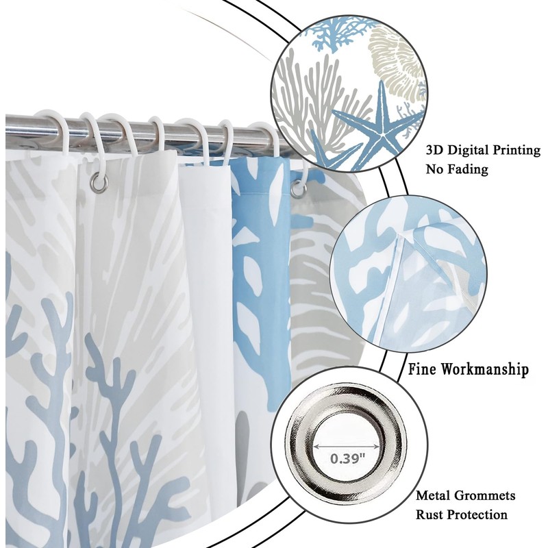 Caheansi Nautical Coastal Shower Curtain, Blue Ocean Beach Seashell Starfish