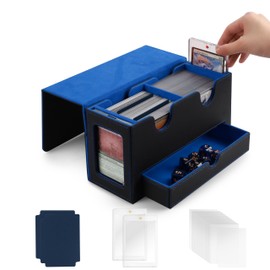 MRAUF MTG Deck Box with Double Commander Display and Dice Tray, Fits 200+ Double Sleeved Cards, Card Storage Box Plus 2 Magnetic Holders& 100Pcs Card Sleeves (Black& Blue)