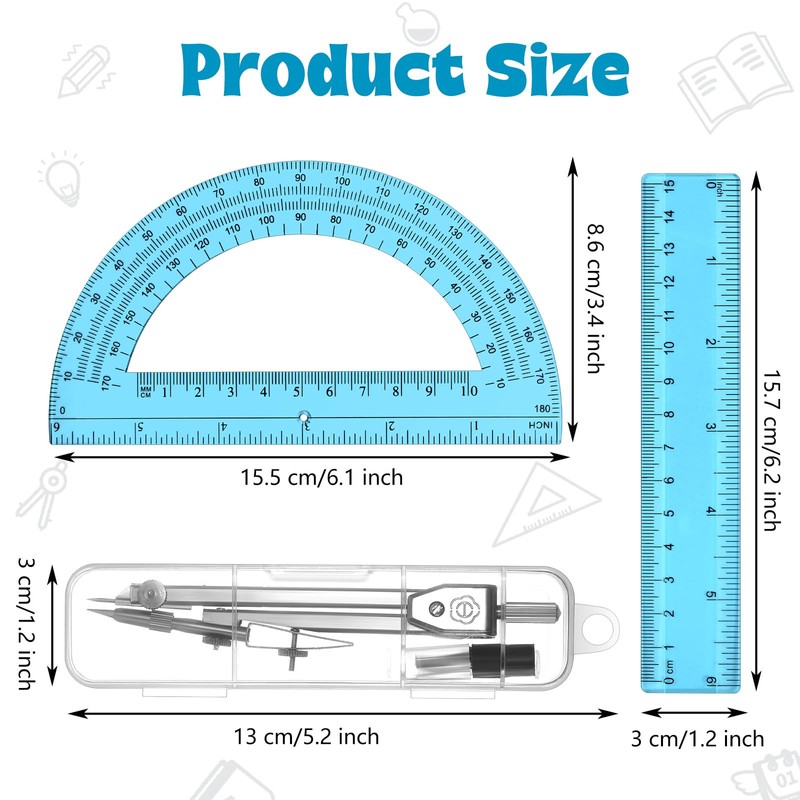 Zonon 3 Pcs Plastic Ruler 6 Inch Protractor Drawing Compass