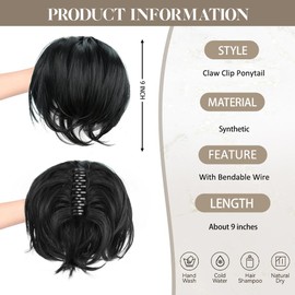 Fairise Short Claw Clip Ponytail Extension, 9 Inch Claw Clip Messy Bun Hair Piece for Women, DIY Bendable Wires Synthetic Hair Straight Black