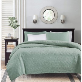 Madison Park Quebec Quilt Set-Luxurious Damask Stitching Design Cotton Filled Lightweight Coverlet Bedspread Bedding, Shams, Twin/Twin XL (68 in x 90 in), Seafoam 2 Piece