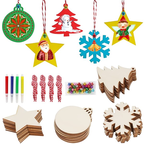 OurWarm 40PCS Wooden Christmas Ornaments Unfinished Wood Slices with Holes, Christmas Crafts DIY Centerpieces Wooden Ornaments to Paint Hanging Decorations Perfect Christmas Gifts for Kids, 4 Styles