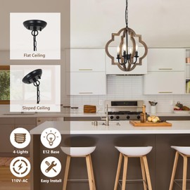 Farmhouse Chandelier Light Fixtures, 4-Light Dining Room Light Fixtures Over Table, Solid Wood Chandeliers for Dining Room, 15.7“ Brown Rustic Chandeliers for Living Room Kitchen Island Bedroom Foyer