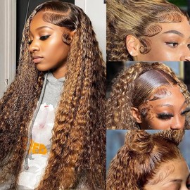 Lysilf Highlight Ombre Lace Front Wig Human Hair Wigs for Women 250% Density 13x6 Deep Wave HD Lace Frontal Wig Pre Plucked （#P4/27,22Inch）