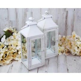 Unbranded Set of 2 distressed white shabby farmhouse chic metal candle lanterns