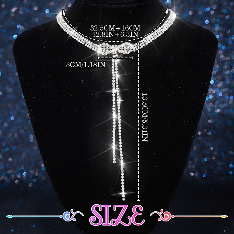 Campsis Crystal Rhinestone Bow Choker Necklace, Silver Adjustable Length