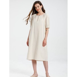 Minibee Women's Cotton Linen Dress Short Sleeve Midi Casual Tunic Dress with Pockets Beige L