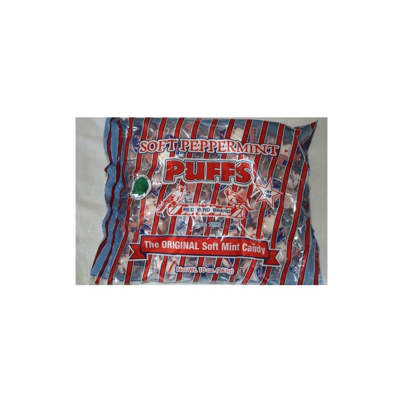 Red Bird 10 Ounce Peppermint Puffs Candy Lay Down Bag