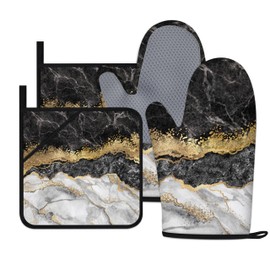 Black Gold Oven Mitts and Pot Holders Sets Marble Kitchen Accessories of 4 Heat Resistant Oven Gloves Hot Pads with Non-Slip Silicone Surface for Chef Cooking Baking