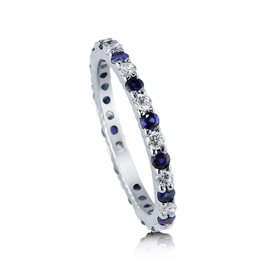 BERRICLE Sterling Silver Wedding Rings Simulated Blue Sapphire Pave Set Round Cut Cubic Zirconia CZ Anniversary Eternity Ring for Women, Rhodium Plated Size 5