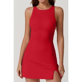 QINSEN Womens Crew Neck Athletic Dress Tummy Control Side Slit Flare Tennis Golf Mini Dresses Red L