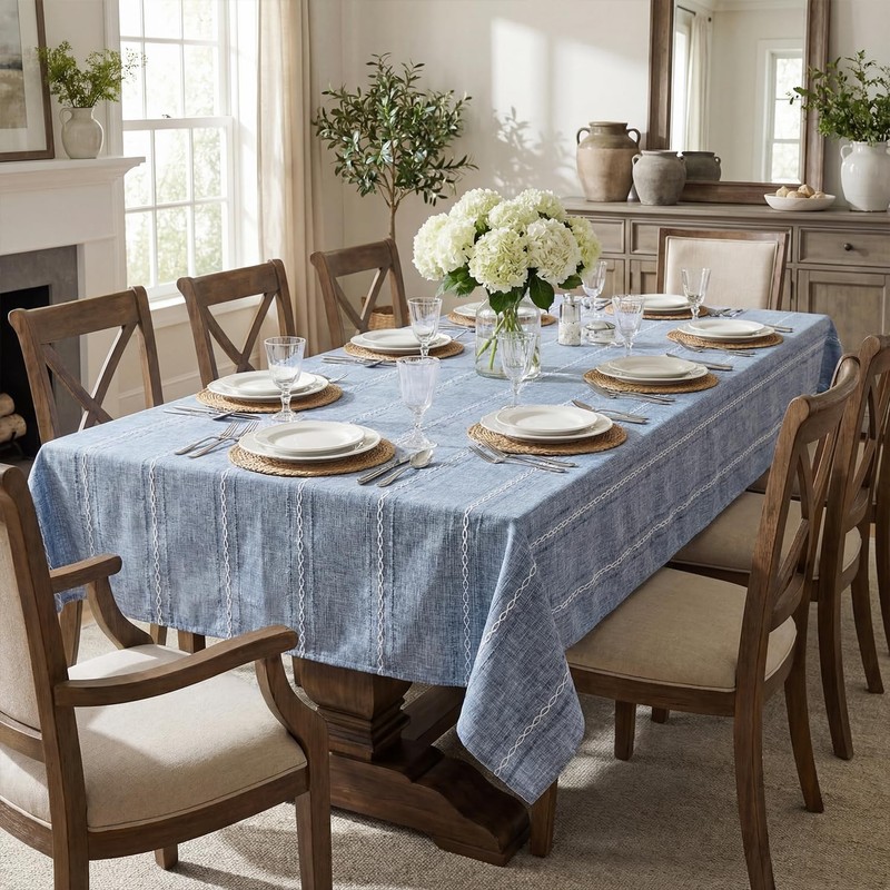 Horaldaily Blue Cotton Blend Tablecloth 60×84 Inch Rectangular, Farmhouse Style,