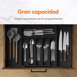 Lifewit Organizador de Cubiertos, Bandeja para Cubiertos Extensible, Cubertero para Cajón para Menaje, Organizador de Cubertería Ajustable y Compacto para Cucharas Tenedores Cuchillos, Grande, Negro
