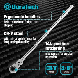 DURATECH Extra Long Flex Head Ratchet Wrench, 144-P, Double-Stacked Pawls, CR-V Steel, Compatible with 3/8" Drive Low Profile Impact Sockets