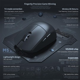 HOGREL x Darmoshark M5 Gaming Mouse 4K/8KHz Small Wireless Mouse PAW3395 8X Faster Up to 8000Hz Polling Rate 26000DPI Bluetooth 2.4Ghz USB-C 3 Modes Ultra Lightweight 40g Custom Driver for Laptop/PC