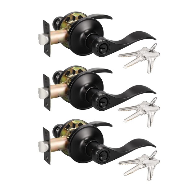 KNOBWELL 3 Pack Matte Black Door Handle with Lock and