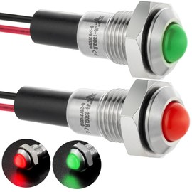 Mini Indicator Light 8mm 0.31" Waterproof Domed Metal Stainless Steel Signal Lamp 12V-24V DC/AC Red and Green LED Light with 140mm Wire