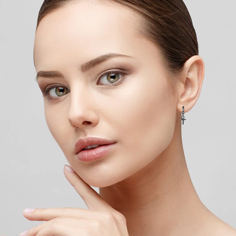 VENACOLY Ankh Huggie Hoop Earrings Dangle Drop Sterling Silver Egyptian