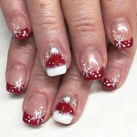 Christmas French Tips Press on Nails Short Square Fake Nails with Xmas Hat Designs Christmas Acrylic Nails Winter Snowflake False Nails Red Glitter Nail Tips Glue on Nails for Women Girls 24Pcs