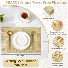 SHACOS - 4 manteles individuales de papel con borlas bohemias de 12 x 18 pulgadas, estéticos naturales, rústicos, para cena, boda, fiesta, playa, granja, decoración de mesa, color crema y dorado