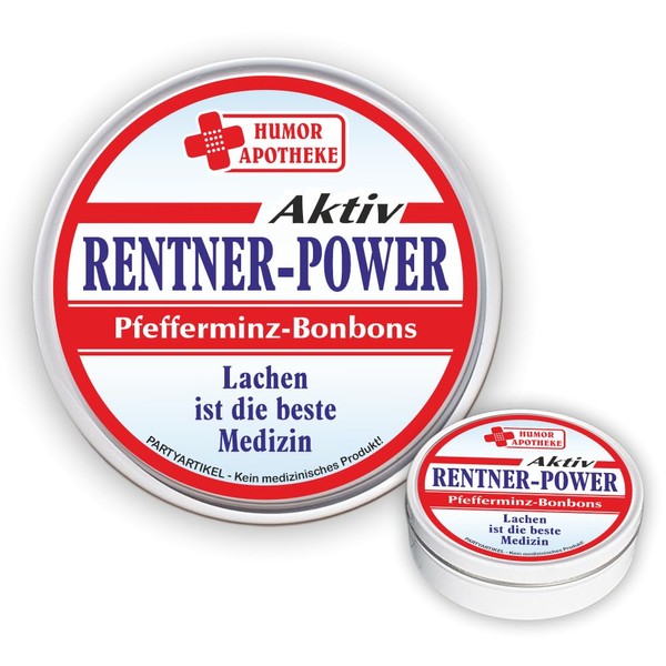 Peppermint Candy Metal Tin - Pensioner Power, Laughing is the Best Medicine - Retirement Pension Instant Aid | Humour Medicine Fun Medicine | Peppermint Dragees | Tin Tin Pill Box