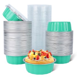 Beasea Ramekins Baking Cups with Lids, 120 Pack 8 oz 4 Inch Disposable Mini Elegant Blue Foil Creme Brulee Aluminum Baking Cups Small Round Cupcake Tart Pie Tins Pans Individual Containers Oven Safe