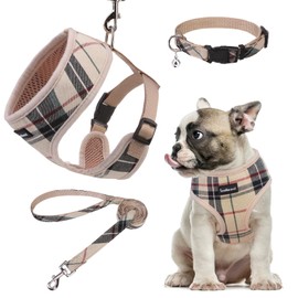 SCENEREAL No Pull Dog Harness Collar and Leash Set Small Medium Sized Dog, Soft Mesh Step in Puppy Harnesses, No Chock Plaid Adjustible Pet Vest for Outdoor Walking Training and Running