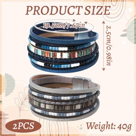 ZAGQIG 2 Pcs Leather Wrap Bracelets for Women Boho Rustic Multi-Layer Bracelet Clasp Beads Stackable Faux Rhinestone Bracelet Cuff for Women Slender Wrist (Dark Blue+Blue Gray)
