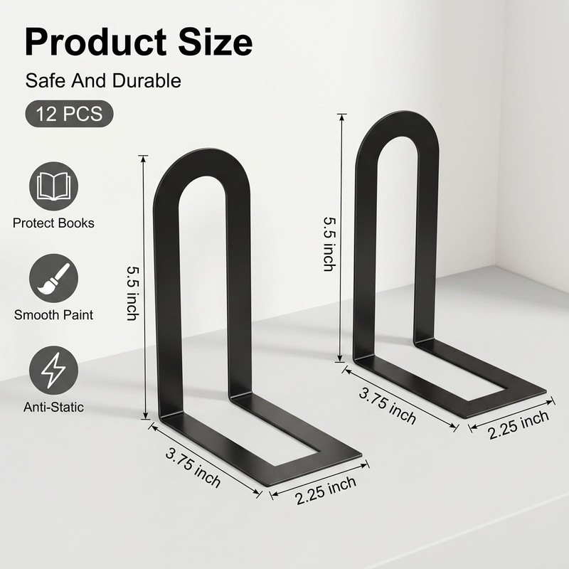 12 Pcs Heavy Book Ends Black Decorative Metal Bookends Bulk