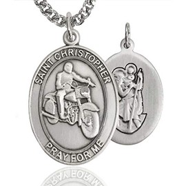 Heartland Store Men's Pewter Oval Saint Christopher Motorcycle Medal + 24 inch Rhodium Plate Endless Chain| USA Made