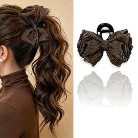 Brown Polka Dot Hair Claw Clips 1PC Large Bow Hair Claw Retro Hair Clips Double-layer Fabric Bow Hair Barrette Strong Hold Non Slip Clip Fall Winter Hair Shark Clips for Women Daily Hair Accessories